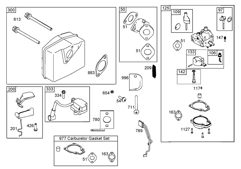 Muffler, Carburetor, And Intake Manifold Assemblies Briggs And Stratton 084233-0198-E1 Diagram and Parts List for 33006 260000001 - 260999999 Lawn Boy Snow Blower